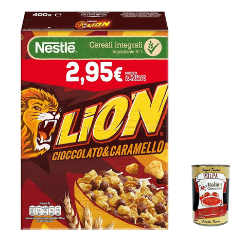 Nestle Nestlé Lion Cereali Integrali Cioccolato e Caramello Getreide Vollkorn Cereals mit Schokolade und Karamell 400g 3x Original italienisch inkl. Italian Gourmet Polpa 400g
