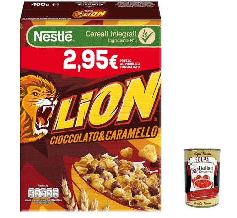 Nestle Nestlé Lion Cereali Integrali Cioccolato e Caramello Getreide Vollkorn Cereals mit Schokolade und Karamell 400g 6x Original italienisch inkl. Italian Gourmet Polpa 400g