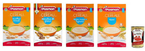 Italian Gourmet E.R. Kaltes Müsli Testpaket Plasmon Crema di Cereali riso, mais e tapioca, semolino di grano , Quattro Cereali 4x 230g + Italian gourmet polpa 400g 8001040040645