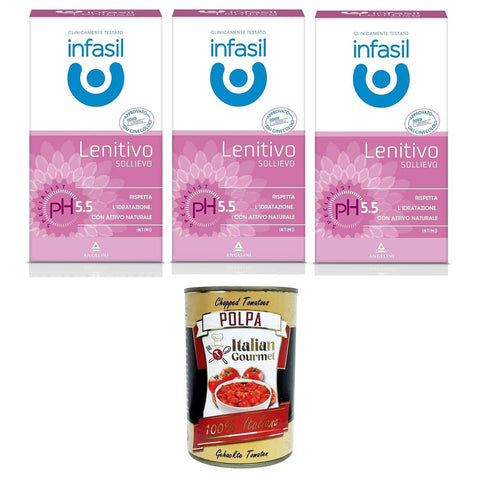 Infasil Detergente Intimo Lenitivo pH Specialist con Attivo Naturale Beruhigender Intimreiniger pH Specialist mit natürlichem Wirkstoff 3x200 ml Original italienisch inkl. Italian Gourmet Polpa 400g