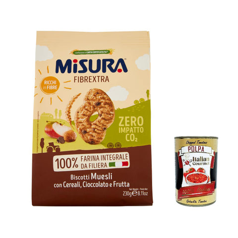 Misura Kekse Integrali Fibrextra Muesli Vollkebekekuiten biscuits mit Müsli, Schokoladen - und Obsttropfen, 100% Vollkornmehl, reich an Ballaststoffen 12x 230g Original italienisch