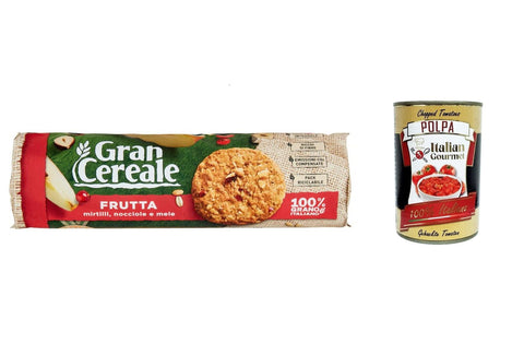 Mulino Bianco Gran Cereale Frutta, Frucht Kekse, voller Ballaststoffe 250g 12x Original italienisch inkl. Italian Gourmet Polpa 400g