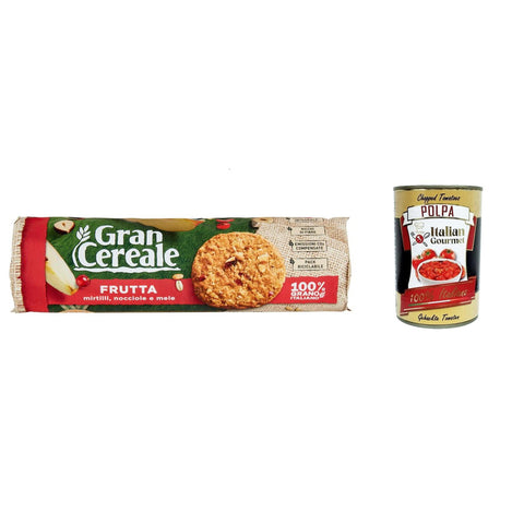 Mulino Bianco Gran Cereale Frutta, Frucht Kekse, voller Ballaststoffe 250g 12x Original italienisch inkl. Italian Gourmet Polpa 400g
