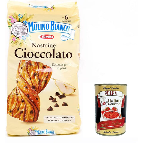 Mulino Bianco Nastrine con gocce di cioccolato, Snacks Schokoladenbänder, mit zartem Birnengeschmack, süßer Snack für zwischendurch - 6 Snacks 12x inkl. Italian Gourmet polpa 400g Original italienisch