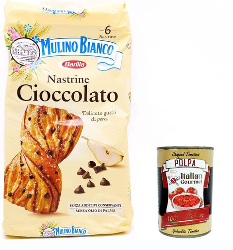 Italian Gourmet E.R. Kekse 12x Mulino Bianco Nastrine con gocce di cioccolato, Snacks Schokoladenbänder, mit zartem Birnengeschmack, süßer Snack für zwischendurch – 6 Snacks + Italian gourmet polpa 400g 8076809577359