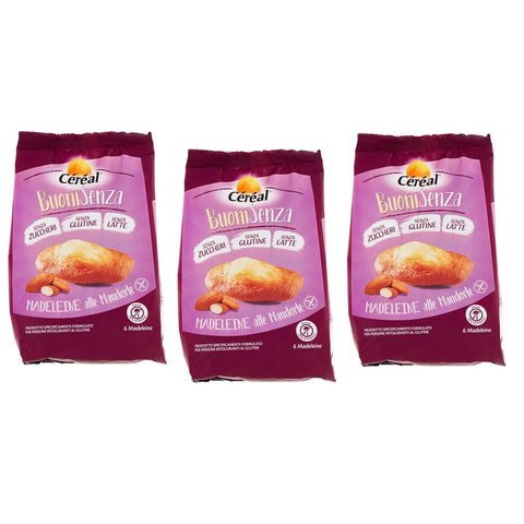Céréal BuoniSenza Madeleine alle Mandorle Mandel Madeleines Ideal zum Frühstück Süßer Snack mit Mandelgeschmack glutenfrei, milchfrei und zuckerfrei Packung 3x 180g Original italienisch