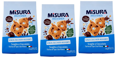 Misura Dolcesenza Biscotti con Scaglie di Cioccolato Kekse mit Schokoladenstückchen Ohne Zuckerzusatz Packung mit 3x290g Original italienisch