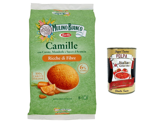 Mulino Bianco Camille Snack, reich an Ballaststoffen, italienische Karotten, Mandeln, Orangensaft, 8 Kuchen, 304 g 3x Original italienisch inkl. Italian Gourmet Polpa 400g