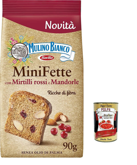 Mulino Bianco Mini Fette mit Preiselbeeren und Mandeln mit Vollkornmehl, reich an Ballaststoffen, Vollkorn - Zwieback ohne Palmöl 3x 90 g inkl. Italian Gourmet polpa 400g Original italienisch
