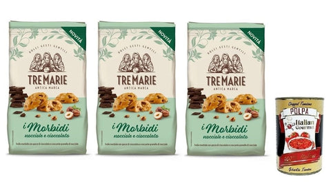 Tre Marie Biscotti i Morbidi Nocciole e Cioccolato, Kekse mit Schokoladentropfen und knackigen Haselnusskörnern 3x 300g inkl. Italian Gourmet Polpa di Pomodoro 400g Dose Original italienisch