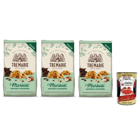 Tre Marie Biscotti i Morbidi Nocciole e Cioccolato, Kekse mit Schokoladentropfen und knackigen Haselnusskörnern 3x 300g inkl. Italian Gourmet Polpa di Pomodoro 400g Dose Original italienisch