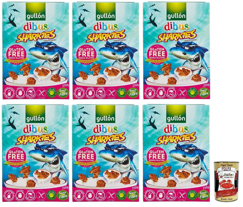 Italian Gourmet E.R. Kekse 6x Gullón Gluten Free Sharkies Dibus,Glutenfreie Kinderkekse,Kakaokekse,Packung mit 250g + Italian Gourmet Polpa di Pomodoro 400g Dose 8410376044959