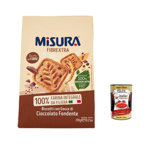 Misura Biscotti Integrali Fibrextra Vollkorn kekse mit dunklen Schokoladentropfen, 100 % Vollkornmehl, reich an Ballaststoffen 6x 290 g inkl. Italian Gourmet polpa 400g Original italienisch