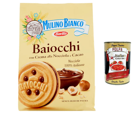 Mulino Bianco Baiocchi Kekse mit Haselnusscreme und Kakao zum Frühstück und süßer Snack für den Nachmittag 260g 6x Original italienisch inkl. Italian Gourmet Polpa 400g