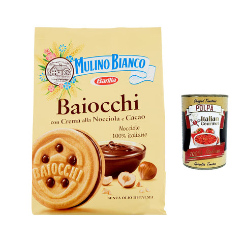 Mulino Bianco Baiocchi Kekse mit Haselnusscreme und Kakao zum Frühstück und süßer Snack für den Nachmittag 260g 6x Original italienisch inkl. Italian Gourmet Polpa 400g