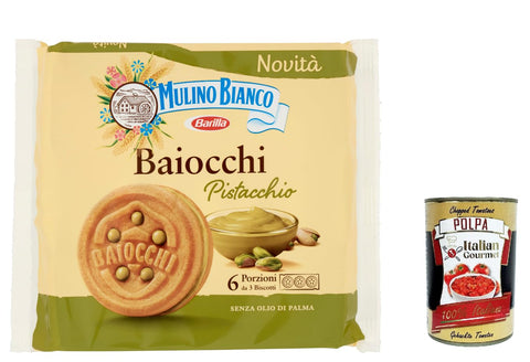 Mulino Bianco Baiocchi Pistazienkekse, Pistaziengebäck, ideal für Frühstück oder Snack, Palmölfrei, 6 Portionen á 3 Kekse 6x Original italienisch inkl. Italian Gourmet Polpa 400g