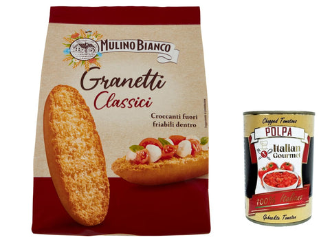 Mulino Bianco Crostini Granetti Classici Salzige Snack, 280g 6x Original italienisch inkl. Italian Gourmet Polpa 400g