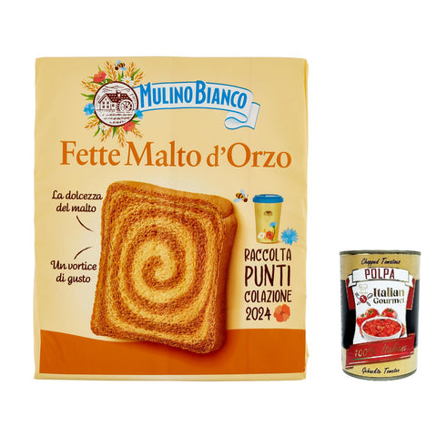 Mulino Bianco Fette Biscottate Malto d'Orzo, Zwieback mit Gerstenmalz 6x 315g inkl. Italian Gourmet polpa 400g Original italienisch