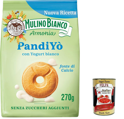 Mulino Bianco Pandiyo Kekse ohne Zuckerzusatz mit Joghurt und Müsli cookies biscuits 270g 6x Original italienisch inkl. Italian Gourmet Polpa 400g