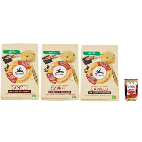 Alce Nero Frollini di grano Cappelli con gocce di cioccolato Weizenkekse mit dunkle Schokoladentropfen Kekse 3x 250g Original italienisch inkl. Italian Gourmet Polpa 400g