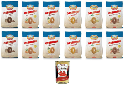 Italian Gourmet E.R. Kekse Divella Testpaket Ottimini, Haselnuss, Mandeln, Zitrone, Reis und Mais, Klassiker, Kakao mit Schokoladenstückchen 8x400gr 4x350gr +Italian Gourmet polpa 400g 8032804040014