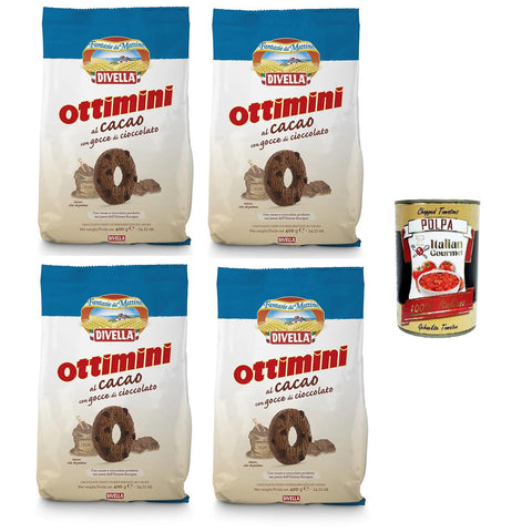 Divelle Ottimini Biscotti al cacao con gocce di cioccolato Ottimini Kakaokekse mit Schokoladenstückchen 4x400 inkl. Italian Gourmet polpa 400g Original italienisch