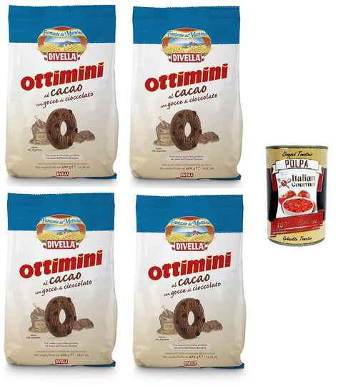Divelle Ottimini Biscotti al cacao con gocce di cioccolato Ottimini Kakaokekse mit Schokoladenstückchen 4x400 inkl. Italian Gourmet polpa 400g Original italienisch