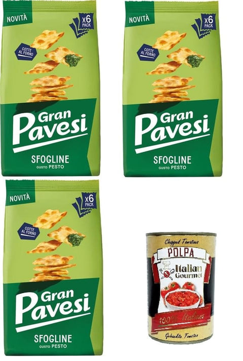 Italian Gourmet E.R. Kekse Gran Pavesi Sfogline Snack croccante di pasta sfoglia al gusto di Pesto Sfogline Knuspriger Blätterteig-Snack mit Pesto-Geschmack, gebacken 3x180gr + Italian Gourmet Polpa di Pomodoro 400g 8032804040014