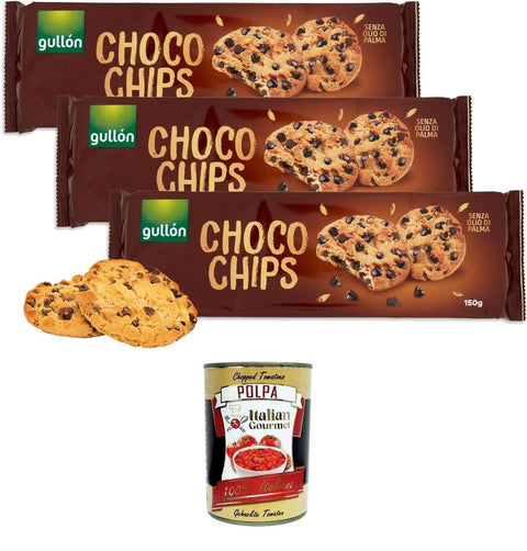 Italian Gourmet E.R. Kekse Gullon Choco Chips Golosi Biscotti Cookies con Gocce di Cioccolato Fondente,Choco Chips Leckere Kekse mit dunklen Schokoladenstückchen,3x 150 g + Italian Gourmet polpa 400g 8032804040014