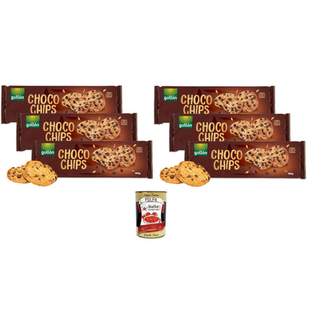 Gullon Choco Chips Golosi Biscotti Cookies con Gocce di Cioccolato Fondente, Choco Chips Leckere Kekse mit dunklen Schokoladenstückchen 6x 150 g inkl. Italian Gourmet polpa 400g Original italienisch