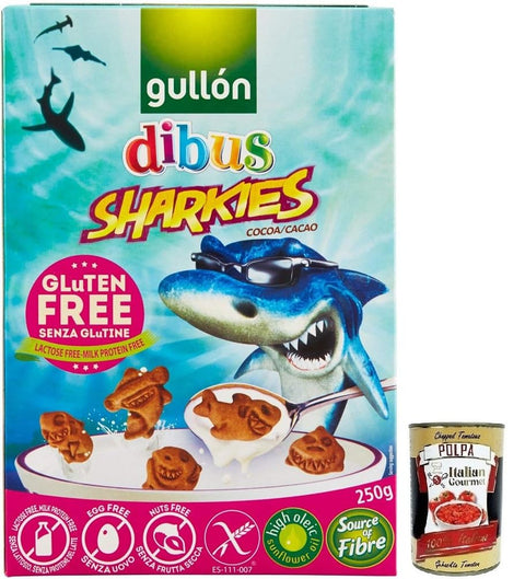 Italian Gourmet E.R. Kekse Gullón Gluten Free Sharkies Dibus,Glutenfreie Kinderkekse,Kakaokekse,Packung mit 250g + Italian Gourmet Polpa di Pomodoro 400g Dose 8410376044959