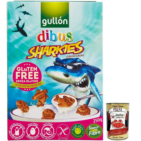 Gullon Gullón Gluten Free Sharkies Dibus, Glutenfreie Kinderkekse, Kakaokekse, Packung mit 250g inkl. Italian Gourmet Polpa di Pomodoro 400g Dose Original italienisch