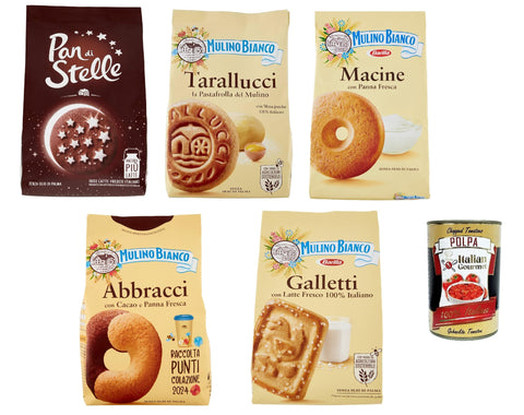 Mulino Bianco Biscotti Testpaket 5x 350g Italien kekse biscuits cookies kuchen, Frühstückskekse, Kakao -Keks Haselnüsse und 100% Frischmilch Original italienisch inkl. Italian Gourmet Polpa 400g