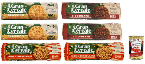 Italian Gourmet E.R. Kekse Mulino Bianco Gran Cereale Testpaket Classico, Schokolade und Croccante korn getreide kekse Multi Cerealien 6x 250g + Italian Gourmet polpa 400g 8076809501965