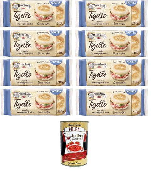Mulino Bianco Tigelle mit nativem Olivenöl extra und weichem Weizenmehl, ohne Schmalz, dick und weich verpackte Tigelle zum Füllen,, Packung mit 6 Tigelle 8x 210gr inkl. Italian Gourmet polpa 400g Original italienisch