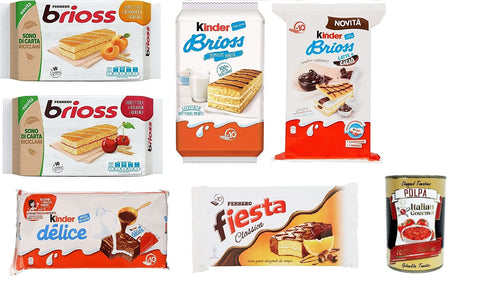 Italian Gourmet E.R. Kekse Testpaket Ferrero Kinder Brioss Delice Fiesta Albicocca Ciligia Cacao und Latte kuchen 6 Packung mit 10 Snacks, 280 g + Italian Gourmet polpa 400g 8000500070611