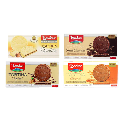 Loacker Tortina Caramel White Triple Dark Original italienisch 3pz Schokoladengenuss gefüllt mit Haselnusscreme Kuchen 4x 63g Testpaket italienisch inkl. Italian Gourmet Polpa 400g