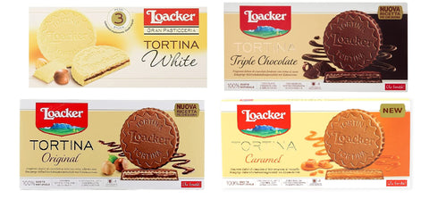 Italian Gourmet E.R. Kekse Testpaket Loacker Tortina Caramel White Triple Dark Original 3pz Schokoladengenuss gefüllt mit Haselnusscreme Kuchen 4x 63g + Italian Gourmet polpa 400g 8000380201402