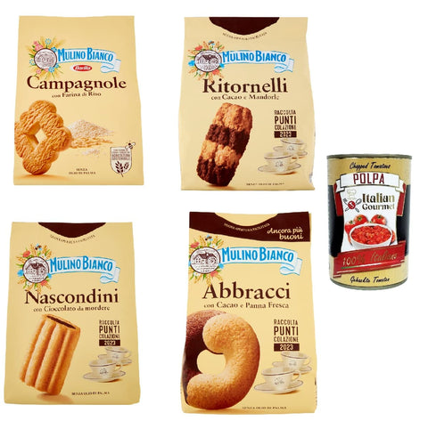 Italian Gourmet E.R. Kekse Testpaket Mulino Bianco Campagnole Ritornelli Abbracci Nascondini Shortbread-Kekse mit Reismehl 3x 700g 1x 600g + Italian gourmet polpa 400g 8076809518581