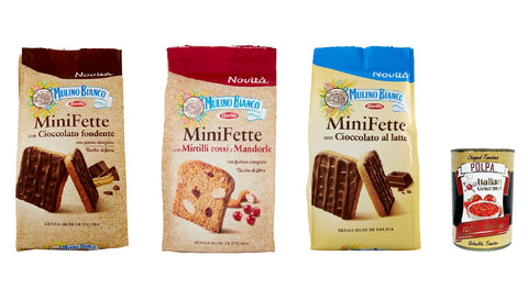Italian Gourmet E.R. Kekse Testpaket Mulino Bianco Zwieback Mini Fette con Cioccolato al latte, fondente e mirtilli rossi + Italian gourmet polpa 400g 8076809577809
