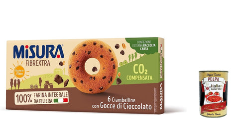 Misura Ciambelline con Gocce di Cioccolato Fibrextra, Donut mit Schokoladenchips, 100% volles Mehl, reich an Ballaststoffen 230g 6x Original italienisch inkl. Italian Gourmet Polpa 400g