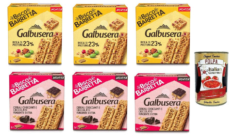 Italian Gourmet E.R. Kekse, Zwieback & Chips Galbusera Biscobarretta Testpaket cereali e cioccolato fondente & protein 23%, Riegel Kekse Müsli und dunkle Schokolade und Müsli voller Protein 23%, 6x 180g + Italian Gourmet polpa 400g 8032804040014