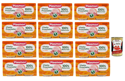 Italian Gourmet E.R. Kekse, Zwieback & Chips Plasmon Carne Vitello prosciutto e cereale 12x (2x80g) Mit italienischem Fleisch, 100% natürlich, ohne Stärken und Räume hinzugefügt + Italian Gourmet polpa 400g 8032804040014