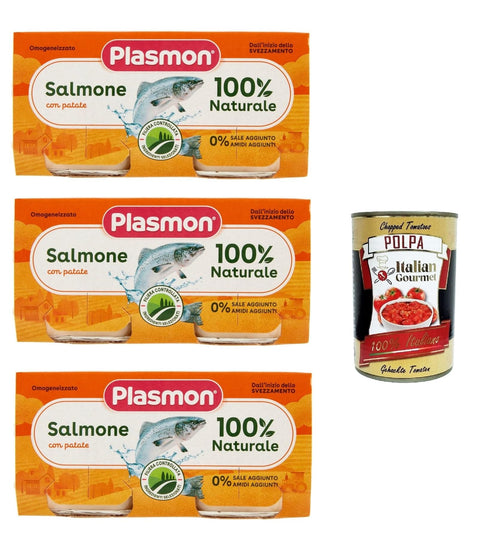 Italian Gourmet E.R. Kekse, Zwieback & Chips Plasmon Pesce Salmone con Patate, 3x (2x 80g) , Mit ausgewählten Zutaten, 100% natürlich, Ohne Stärken und Salz hinzugefügt + Italian Gourmet polpa 400g 8032804040014