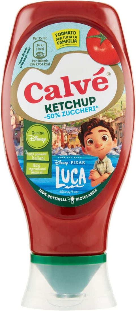 Italian Gourmet E.R. Ketchup 12x Calvé Ketchup Kids -50% Disney Sugars Luca in Top -Down -Paket, maxiformiert 430 ml + Italian Gourmet Polpa 400g 8720182133199