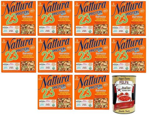 Italian Gourmet E.R. Knabberartikel 10x Náttúra Protein Sport Proteinriegel Bio-Kürbiskerne, Leinsamen, Zitrone,Packung mit 75g,jede Packung enthält 3 Riegel à 25g + Italian Gourmet Polpa di Pomodoro 400g Dose 8032804040014