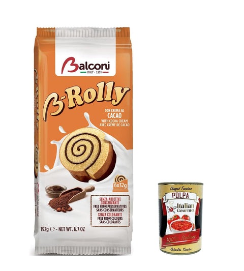 Italian Gourmet E.R. Knabberartikel 12x Balconi B-Rolly Snack Dolce da forno con farcitura al cacao Süßer Snack Backwaren mit Kakaofüllung 192g + Italian Gourmet polpa 400g 8001585010394