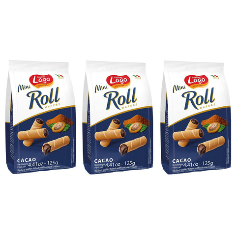 Gastone Lago Mini Roll Cacao Waffelröllchen Waffelpad Wafer gefüllt mit Kakaocreme 125g 3x Original italienisch