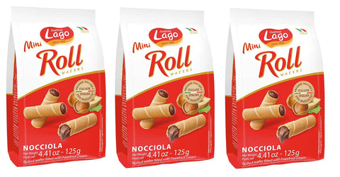 Italian Gourmet E.R. Knabberartikel 3x Gastone Lago Mini Roll Nocciola Waffelröllchen Waffelpad Wafer gefüllt mit Haselnusscreme 125g 8004800005502