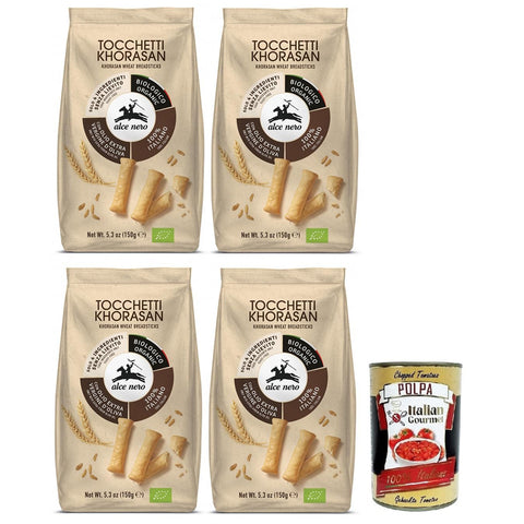 Alce Nero Tocchetti Breadsticks, Bio - Backprodukt mit Bio - Khorasan - Weizen und extra natives Olivenöl, Packung mit 4x 150g inkl. Italian Gourmet Polpa di Pomodoro 400g Dose Original italienisch
